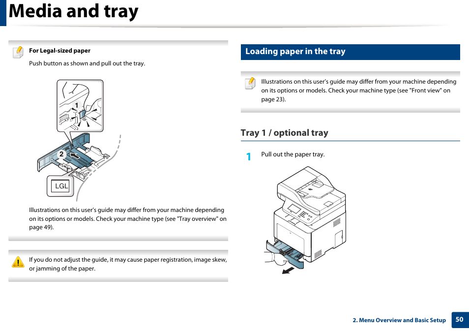 Media and tray, Tray 1 / optional tray, Loading paper in the tray | Samsung CLX-4195N-XAX User Manual | Page 50 / 423
