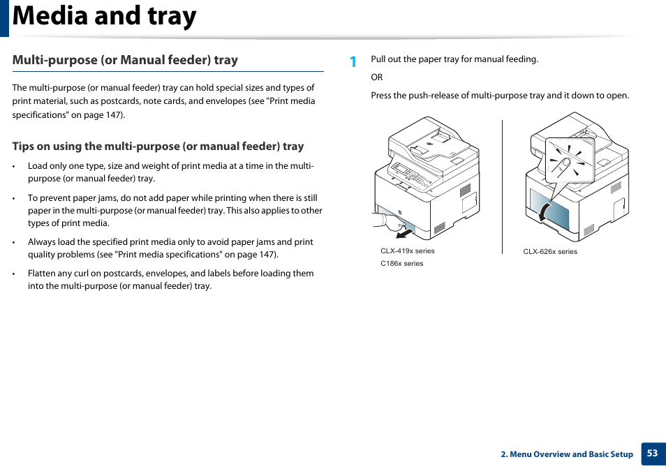 Media and tray, Multi-purpose (or manual feeder) tray | Samsung CLX-4195N-XAX User Manual | Page 53 / 423