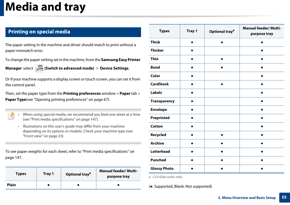 Media and tray, Printing on special media | Samsung CLX-4195N-XAX User Manual | Page 55 / 423