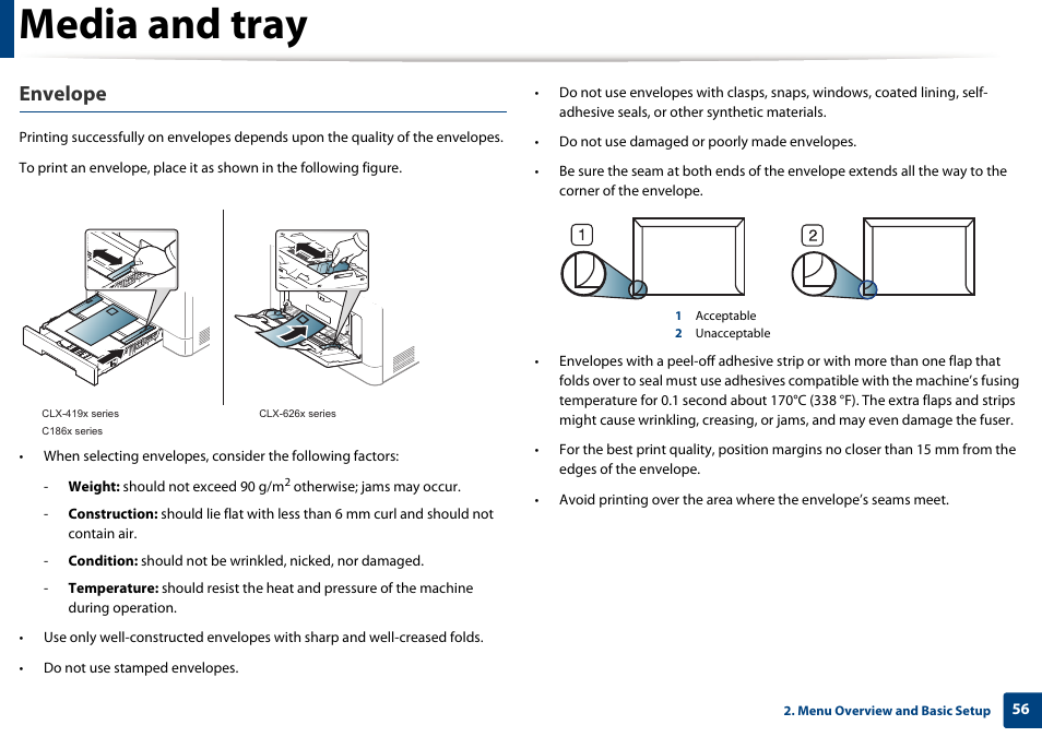 Media and tray, Envelope | Samsung CLX-4195N-XAX User Manual | Page 56 / 423