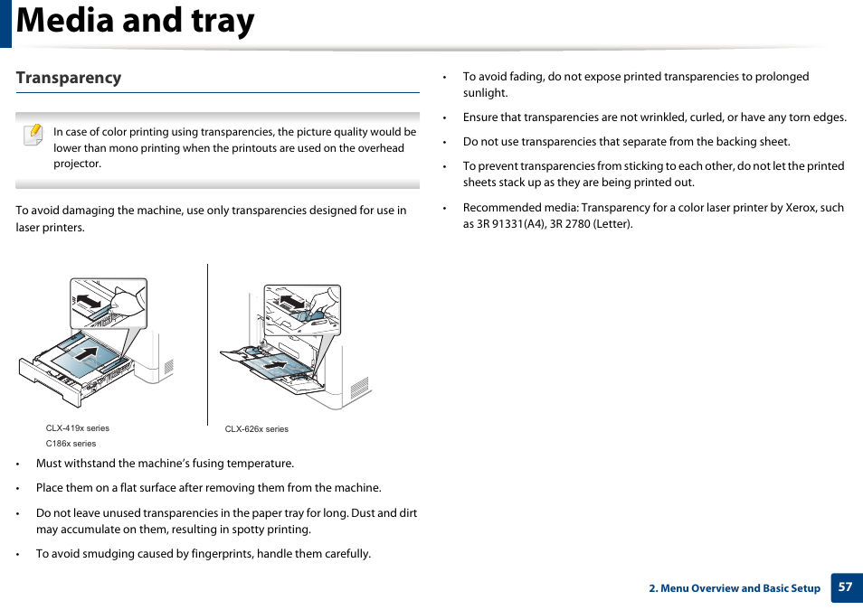 Media and tray, Transparency | Samsung CLX-4195N-XAX User Manual | Page 57 / 423