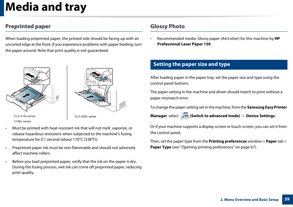 Media and tray, Preprinted paper, Glossy photo | Setting the paper size and type | Samsung CLX-4195N-XAX User Manual | Page 59 / 423