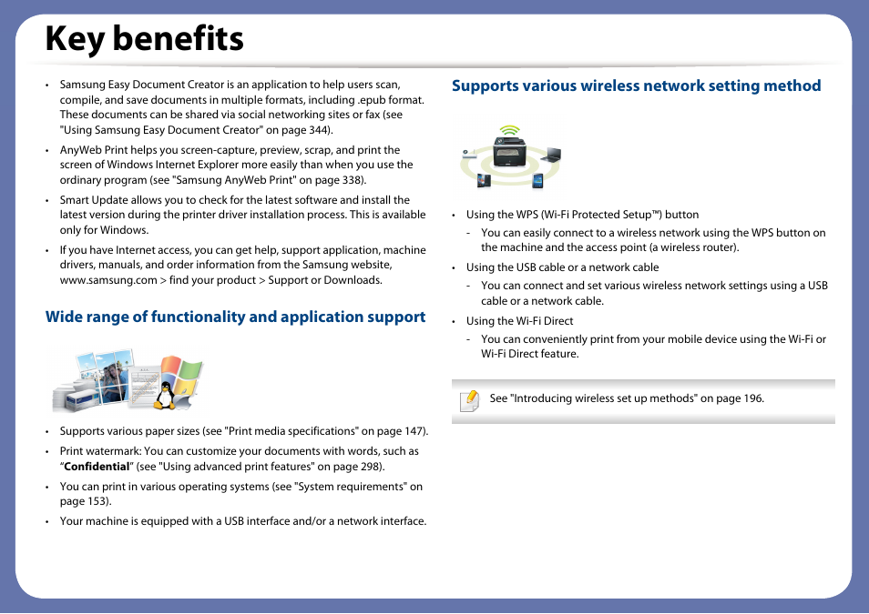 Key benefits, Supports various wireless network setting method | Samsung CLX-4195N-XAX User Manual | Page 6 / 423