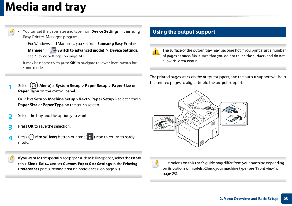 Media and tray, Using the output support | Samsung CLX-4195N-XAX User Manual | Page 60 / 423