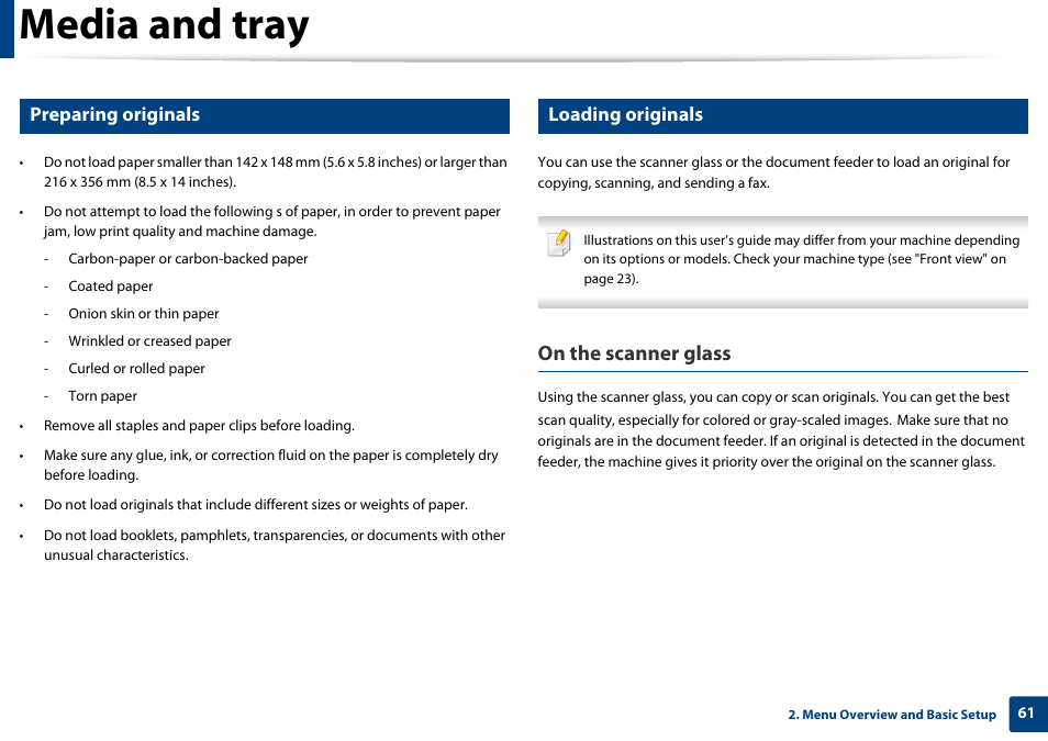 Media and tray, On the scanner glass, Preparing originals | Loading originals | Samsung CLX-4195N-XAX User Manual | Page 61 / 423