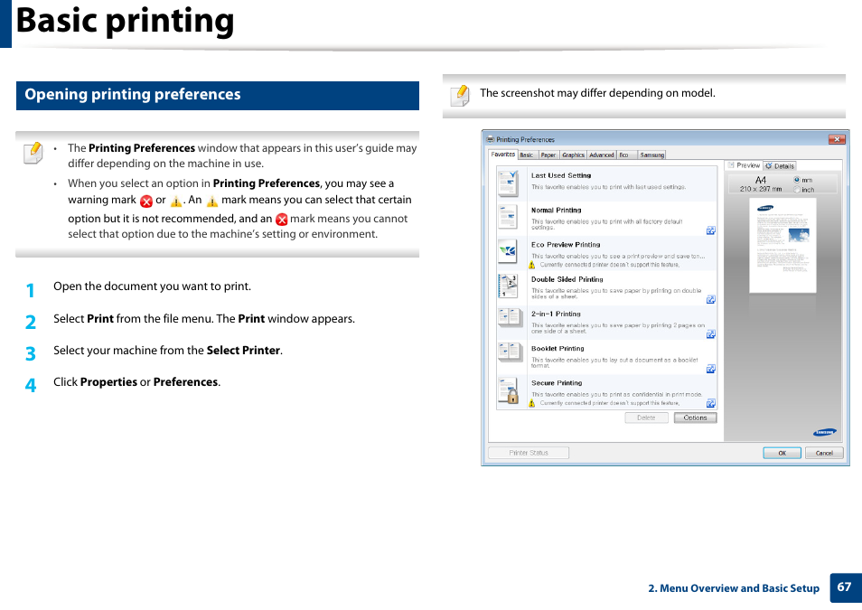 Basic printing, Opening printing preferences | Samsung CLX-4195N-XAX User Manual | Page 67 / 423