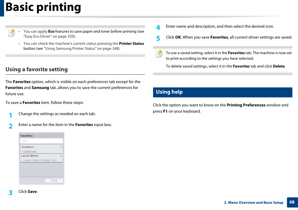 Basic printing, Using a favorite setting, Using help | Samsung CLX-4195N-XAX User Manual | Page 68 / 423