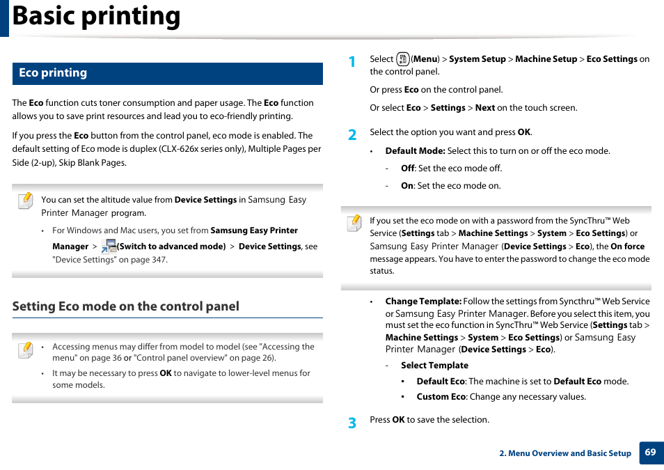 Basic printing, Setting eco mode on the control panel, Eco printing | Samsung CLX-4195N-XAX User Manual | Page 69 / 423