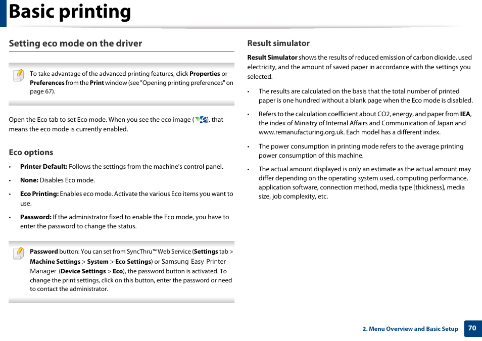 Basic printing, Setting eco mode on the driver | Samsung CLX-4195N-XAX User Manual | Page 70 / 423