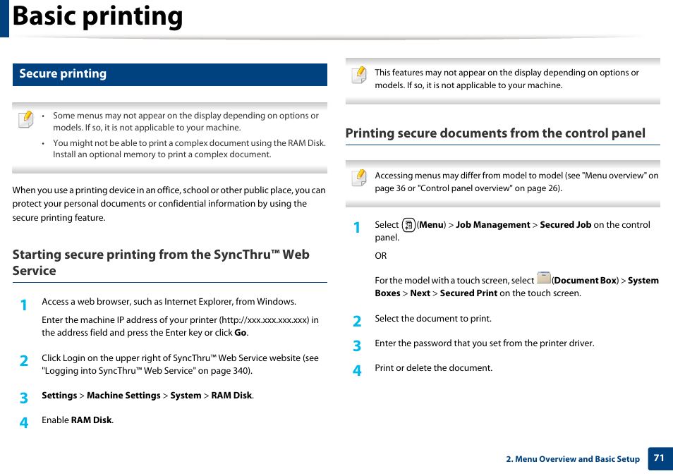 Basic printing, Printing secure documents from the control panel, Secure printing | Samsung CLX-4195N-XAX User Manual | Page 71 / 423