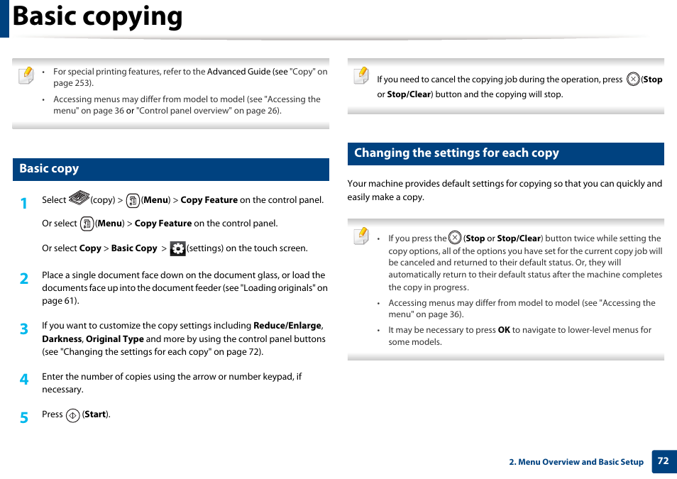 Basic copying, Basic copy, Changing the settings for each copy | Samsung CLX-4195N-XAX User Manual | Page 72 / 423