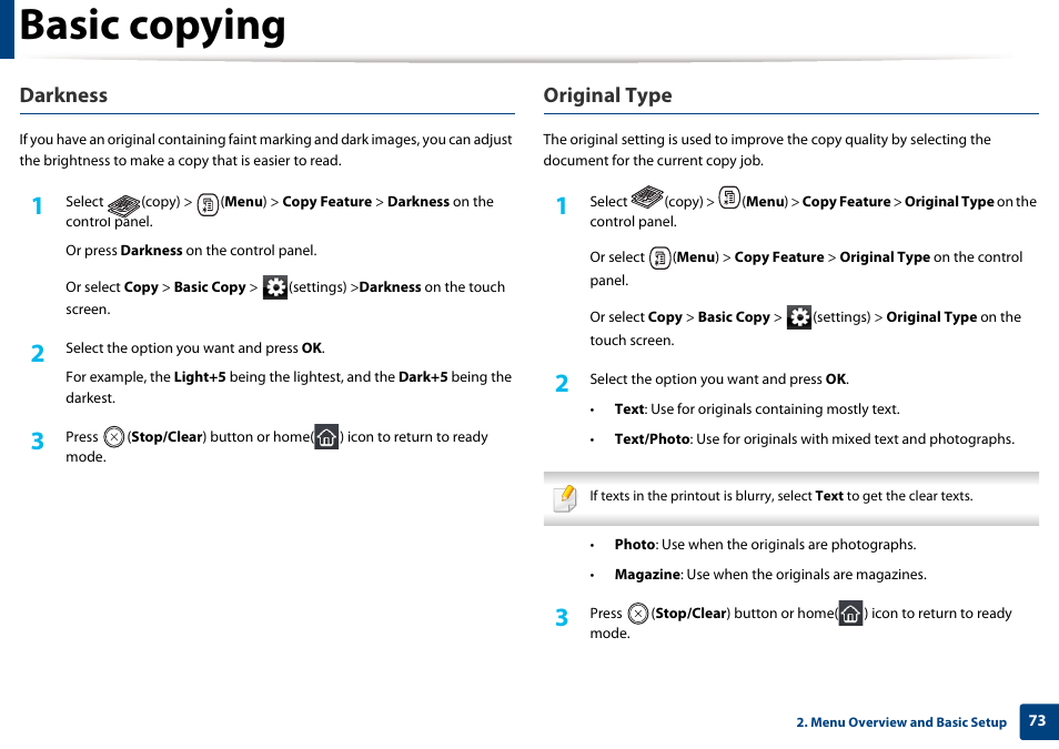 Basic copying, Darkness, Original type | Samsung CLX-4195N-XAX User Manual | Page 73 / 423