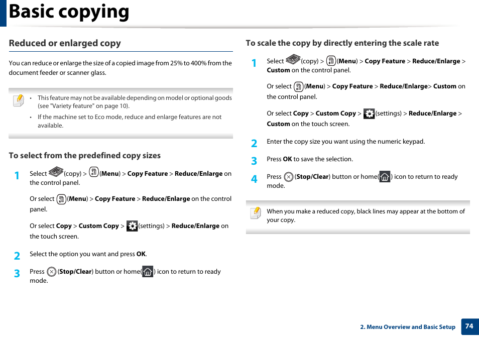 Basic copying, Reduced or enlarged copy | Samsung CLX-4195N-XAX User Manual | Page 74 / 423