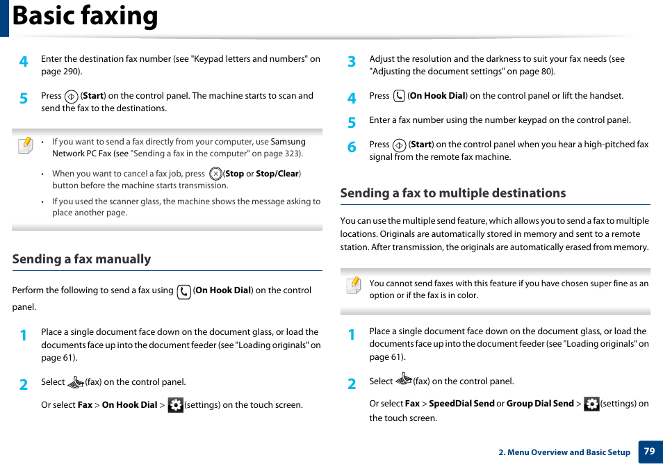 Basic faxing, Sending a fax manually, Sending a fax to multiple destinations | Samsung CLX-4195N-XAX User Manual | Page 79 / 423