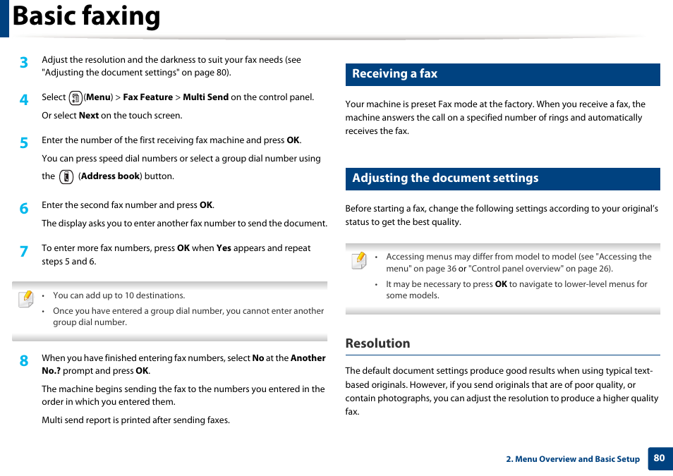 Basic faxing, Resolution, Receiving a fax | Adjusting the document settings | Samsung CLX-4195N-XAX User Manual | Page 80 / 423