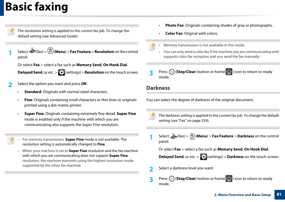 Basic faxing, Darkness | Samsung CLX-4195N-XAX User Manual | Page 81 / 423