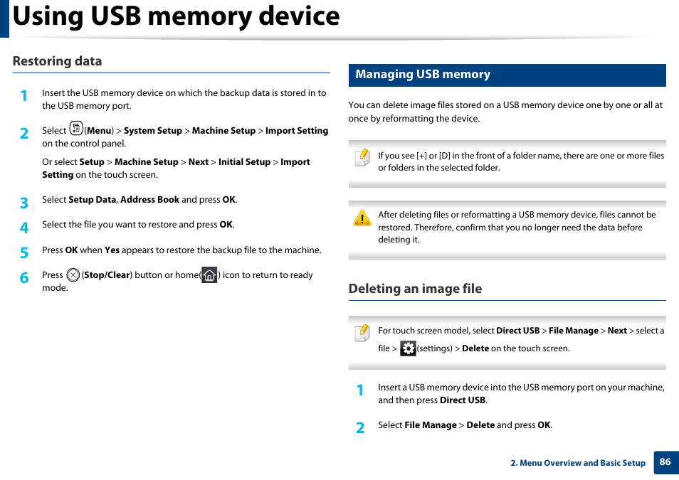 Restoring data, Deleting an image file | Samsung CLX-4195N-XAX User Manual | Page 86 / 423