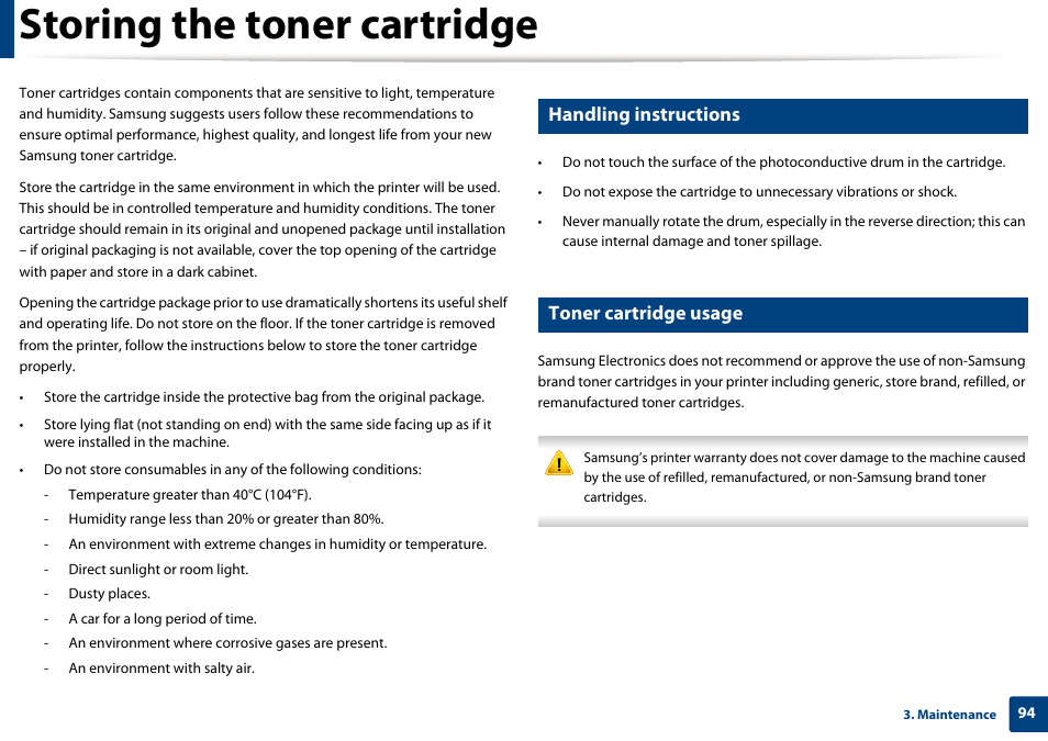 Storing the toner cartridge, Handling instructions, Toner cartridge usage | Samsung CLX-4195N-XAX User Manual | Page 94 / 423