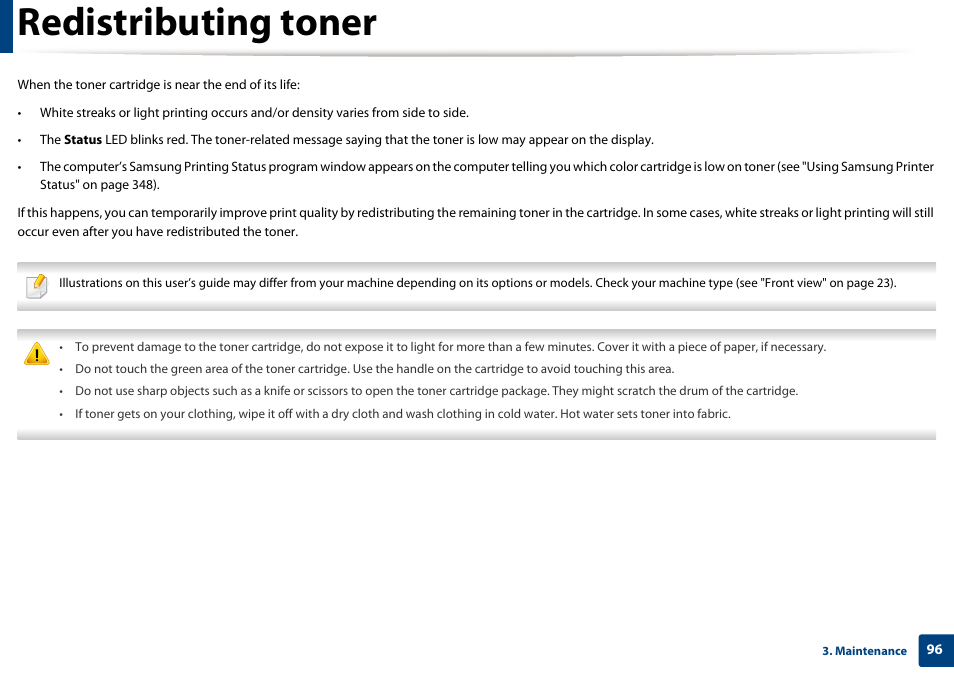 Redistributing toner | Samsung CLX-4195N-XAX User Manual | Page 96 / 423