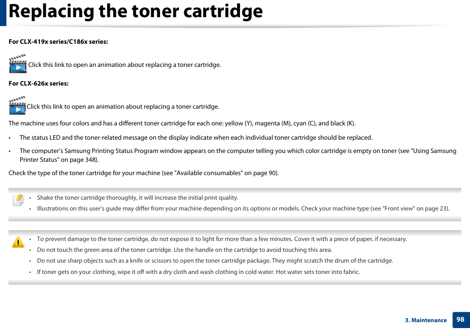 Replacing the toner cartridge | Samsung CLX-4195N-XAX User Manual | Page 98 / 423