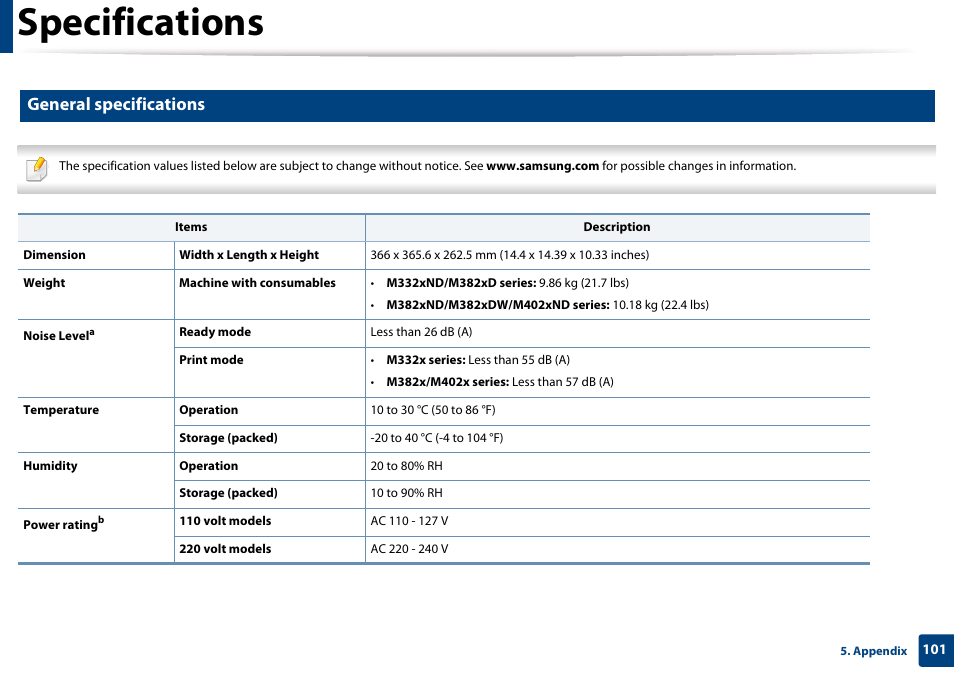 Specifications, General specifications | Samsung SL-M4020ND-TAA User Manual | Page 101 / 273