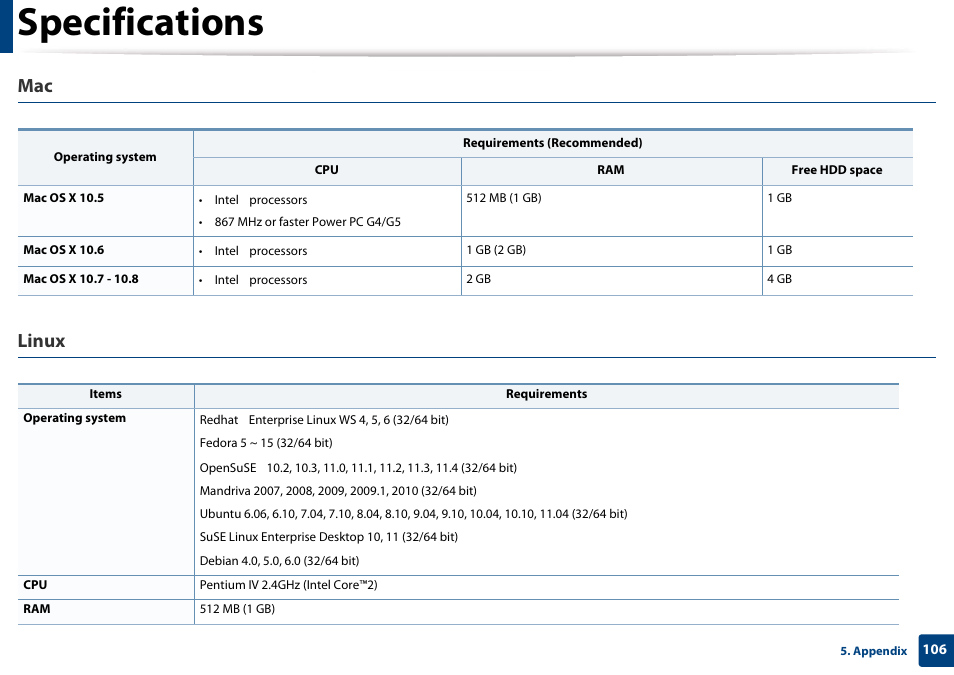 Specifications, Linux | Samsung SL-M4020ND-TAA User Manual | Page 106 / 273