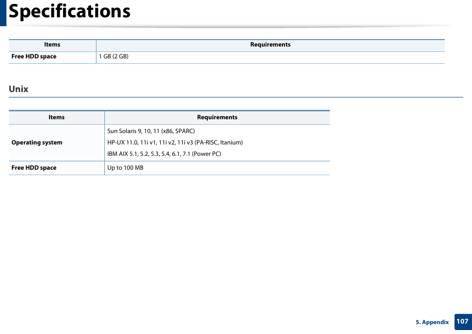 Specifications, Unix | Samsung SL-M4020ND-TAA User Manual | Page 107 / 273