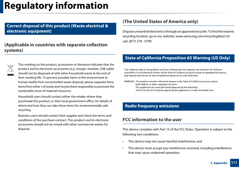 Radio frequency emissions, Regulatory information, Fcc information to the user | Samsung SL-M4020ND-TAA User Manual | Page 111 / 273