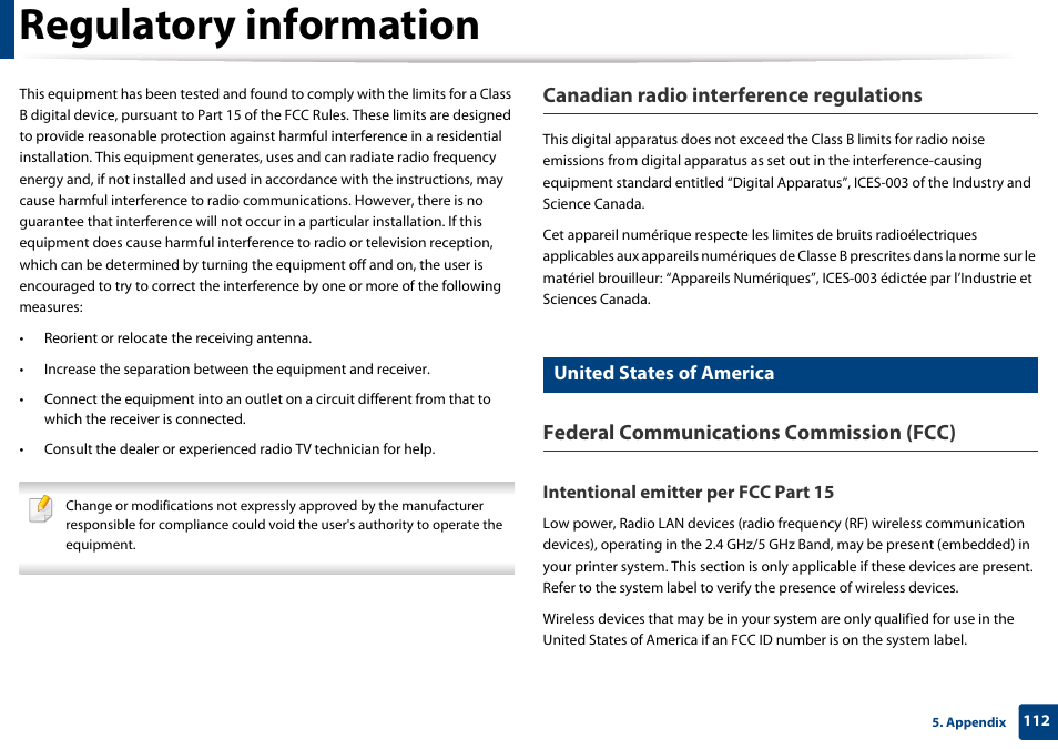 United states of america, Regulatory information, Canadian radio interference regulations | Federal communications commission (fcc) | Samsung SL-M4020ND-TAA User Manual | Page 112 / 273