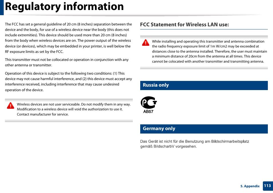 Russia only, Germany only, Regulatory information | Fcc statement for wireless lan use | Samsung SL-M4020ND-TAA User Manual | Page 113 / 273