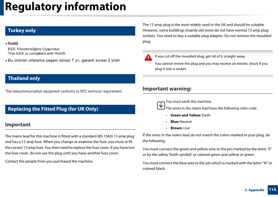 Turkey only, Thailand only, Replacing the fitted plug (for uk only) | Regulatory information, Important, Important warning | Samsung SL-M4020ND-TAA User Manual | Page 114 / 273
