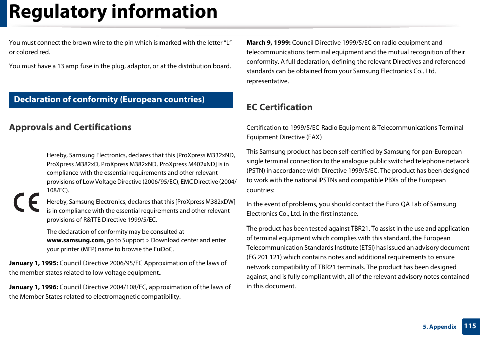 Declaration of conformity (european countries), Regulatory information, Approvals and certifications | Ec certification | Samsung SL-M4020ND-TAA User Manual | Page 115 / 273