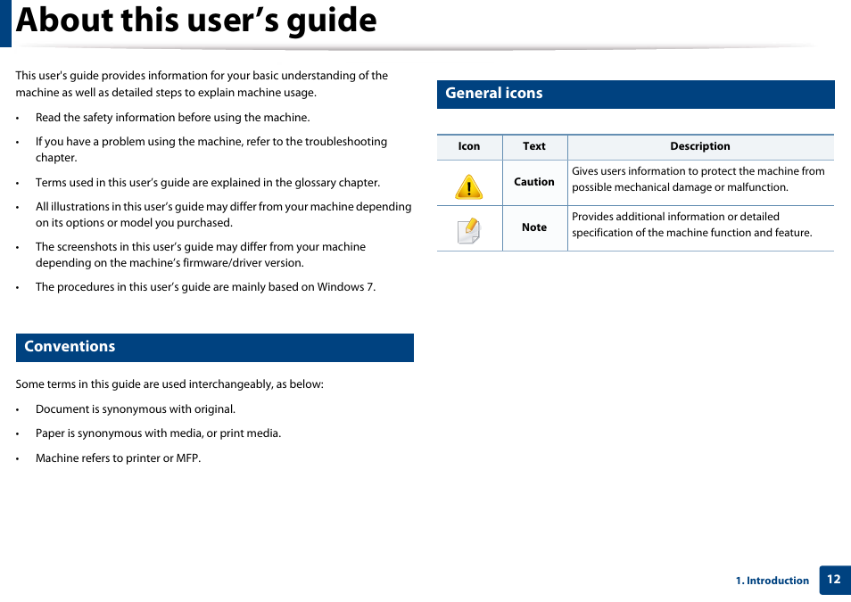 About this user’s guide, Conventions, General icons | Samsung SL-M4020ND-TAA User Manual | Page 12 / 273