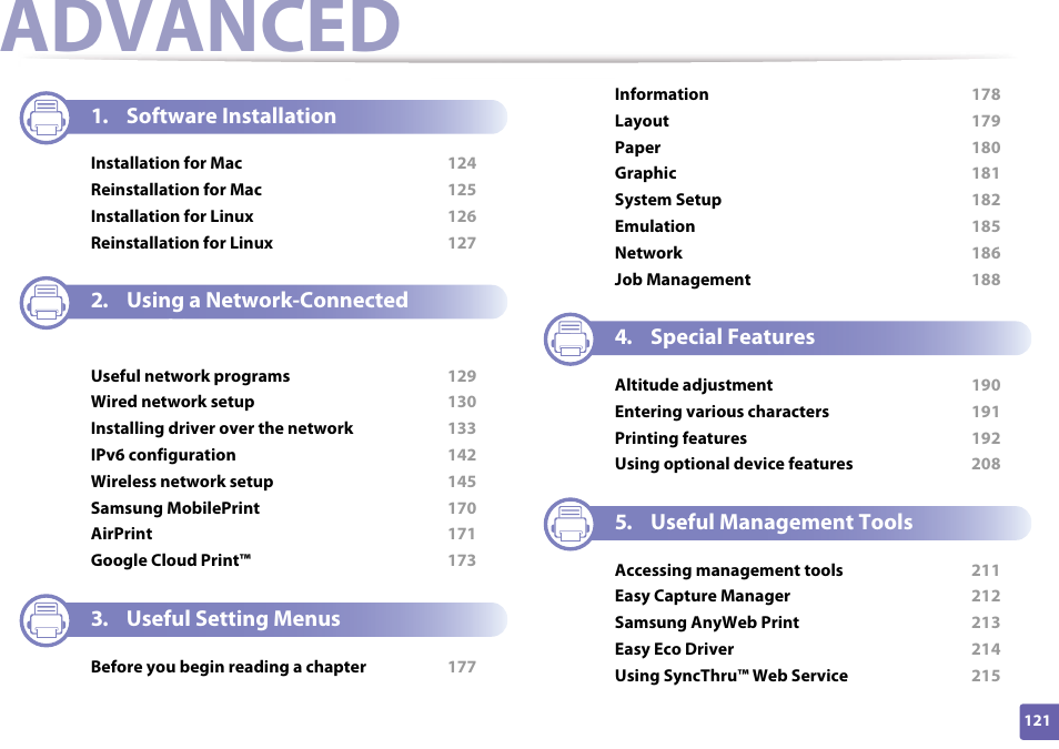 Advanced, Software installation, Using a network-connected machine | Useful setting menus, Special features, Useful management tools | Samsung SL-M4020ND-TAA User Manual | Page 121 / 273