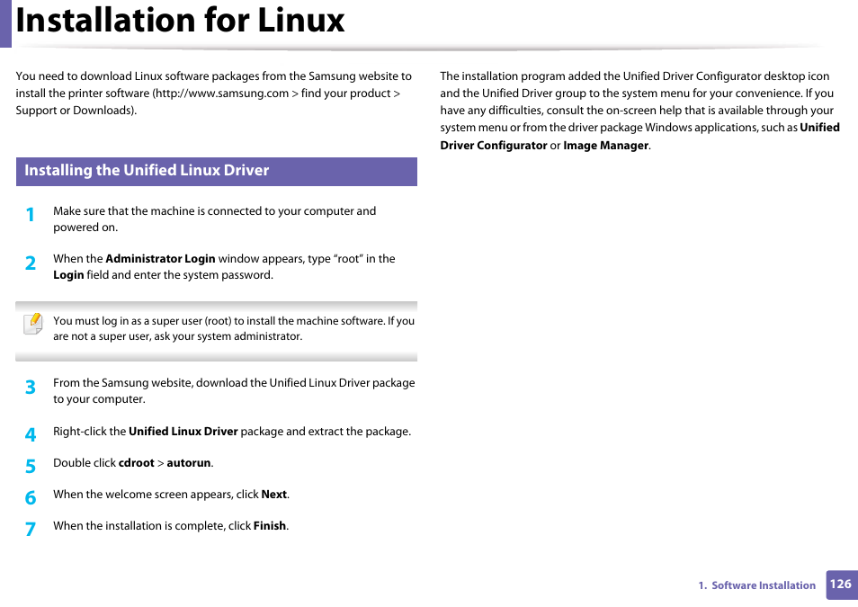 Installation for linux, Installing the unified linux driver | Samsung SL-M4020ND-TAA User Manual | Page 126 / 273