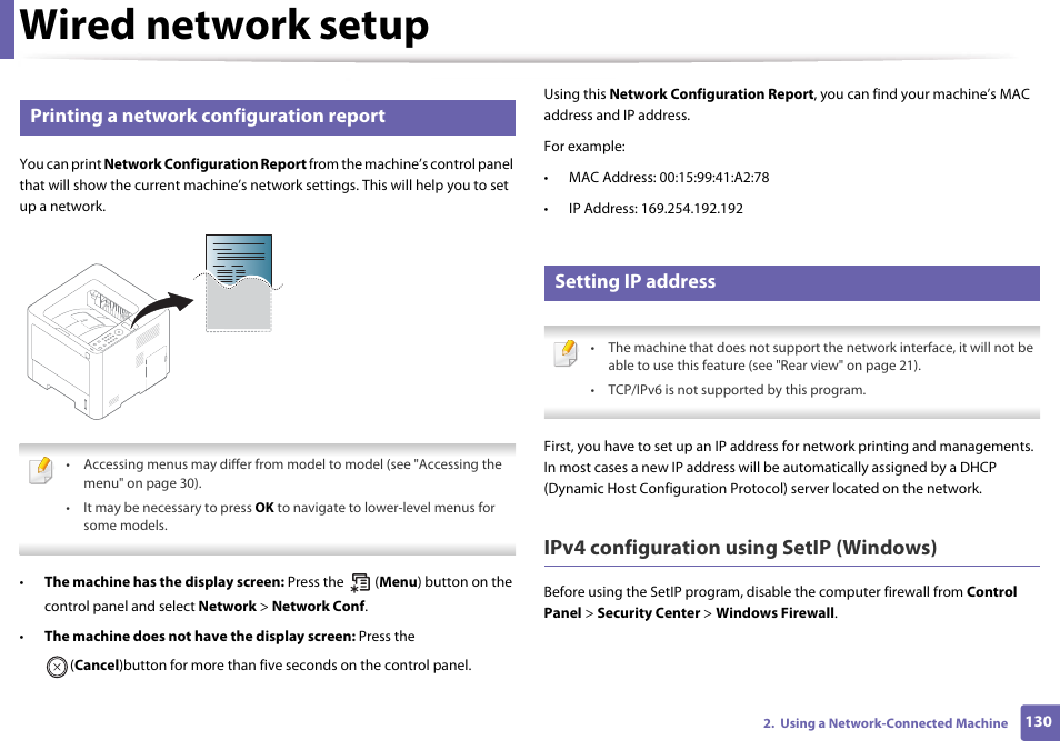 Wired network setup, Printing a network configuration report, Setting ip address | Ipv4 configuration using setip (windows) | Samsung SL-M4020ND-TAA User Manual | Page 130 / 273