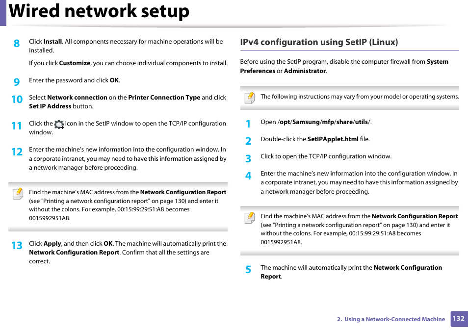 Wired network setup, Ipv4 configuration using setip (linux) | Samsung SL-M4020ND-TAA User Manual | Page 132 / 273