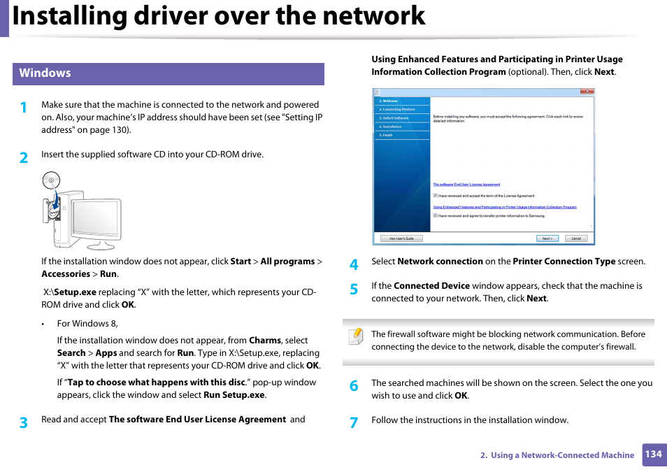 Windows, Installing driver over the network | Samsung SL-M4020ND-TAA User Manual | Page 134 / 273