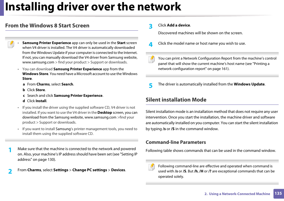 Installing driver over the network, Silent installation mode | Samsung SL-M4020ND-TAA User Manual | Page 135 / 273