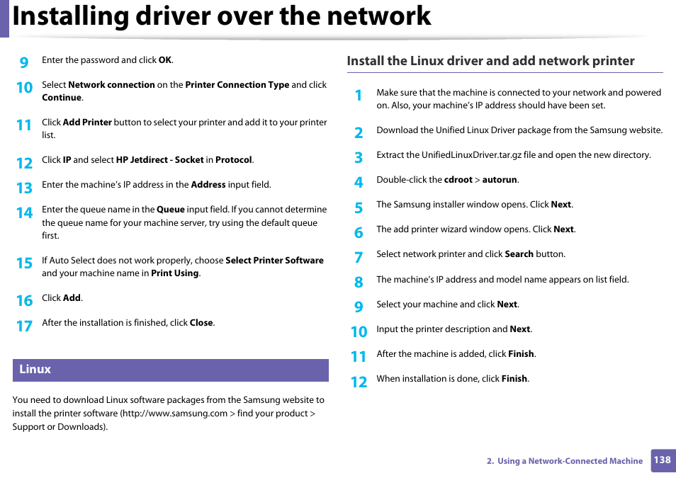 Linux, Installing driver over the network | Samsung SL-M4020ND-TAA User Manual | Page 138 / 273