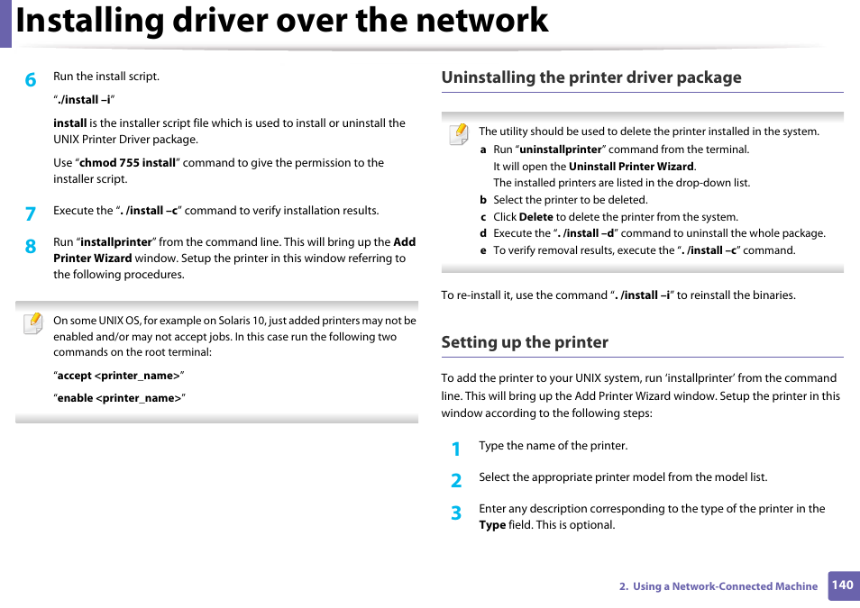 Installing driver over the network, Uninstalling the printer driver package, Setting up the printer | Samsung SL-M4020ND-TAA User Manual | Page 140 / 273