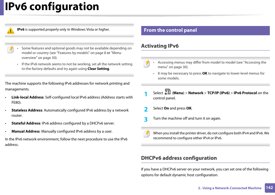 Ipv6 configuration, From the control panel, Activating ipv6 | Dhcpv6 address configuration | Samsung SL-M4020ND-TAA User Manual | Page 142 / 273