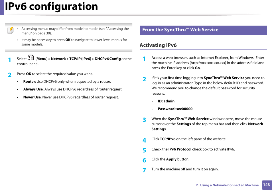 From the syncthru™ web service, Ipv6 configuration, Activating ipv6 | Samsung SL-M4020ND-TAA User Manual | Page 143 / 273