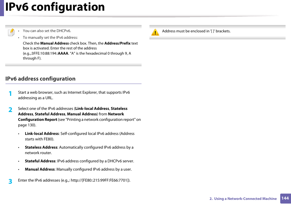 Ipv6 configuration, Ipv6 address configuration | Samsung SL-M4020ND-TAA User Manual | Page 144 / 273