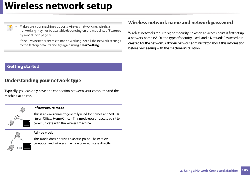 Wireless network setup, Getting started, Understanding your network type | Wireless network name and network password | Samsung SL-M4020ND-TAA User Manual | Page 145 / 273