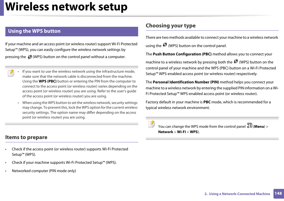 Using the wps button, Wireless network setup, Items to prepare | Choosing your type | Samsung SL-M4020ND-TAA User Manual | Page 148 / 273