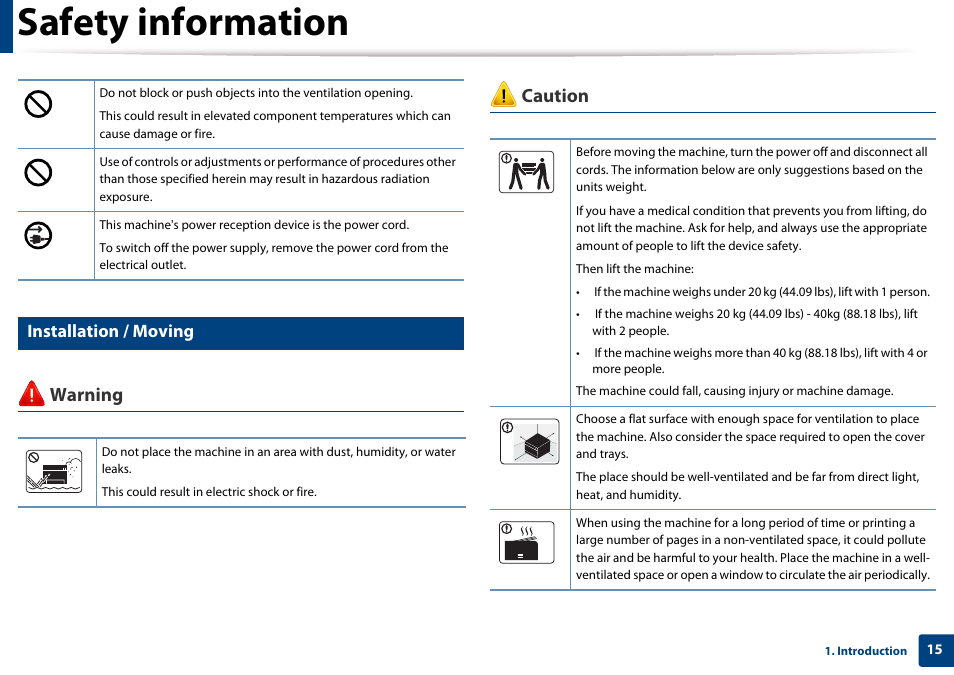 Installation / moving, Safety information, Warning caution | Samsung SL-M4020ND-TAA User Manual | Page 15 / 273