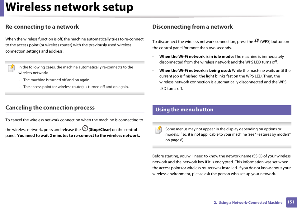 Using the menu button, Wireless network setup, Re-connecting to a network | Canceling the connection process, Disconnecting from a network | Samsung SL-M4020ND-TAA User Manual | Page 151 / 273