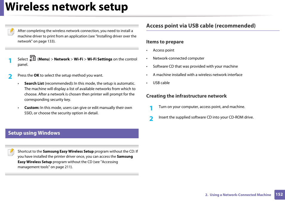 Setup using windows, Wireless network setup, Access point via usb cable (recommended) | Samsung SL-M4020ND-TAA User Manual | Page 152 / 273