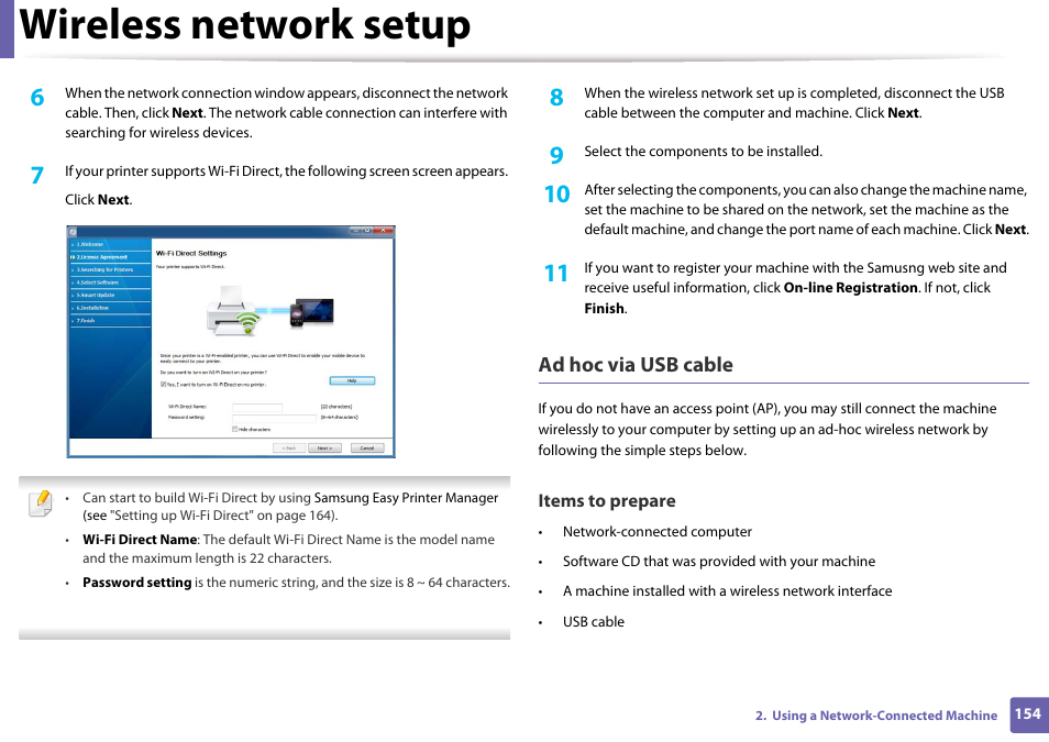Wireless network setup, Ad hoc via usb cable | Samsung SL-M4020ND-TAA User Manual | Page 154 / 273